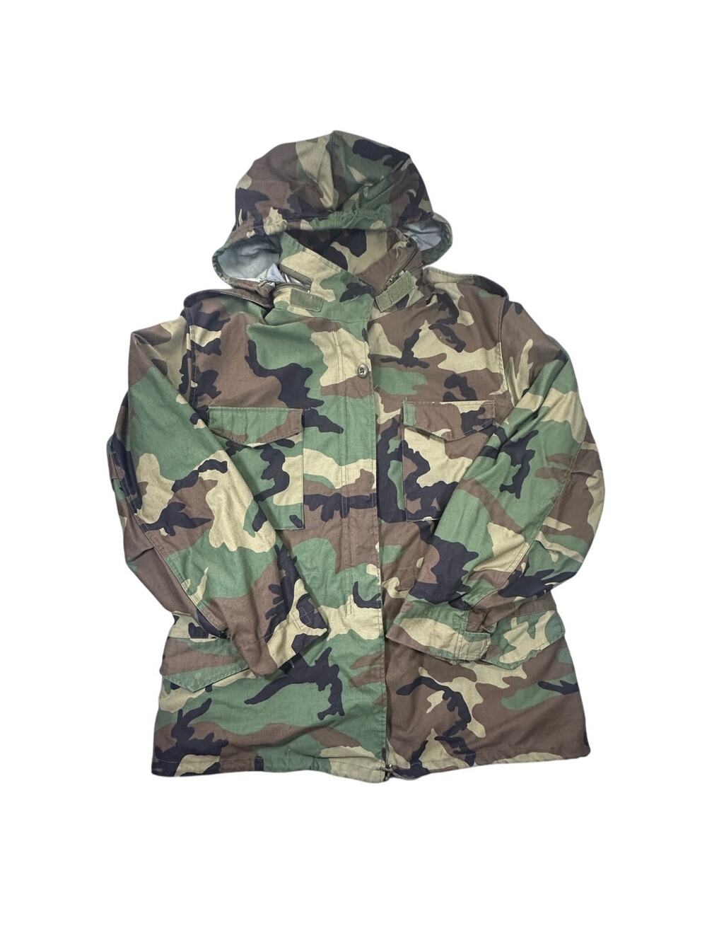 US Military Woodland Camo M-65 Cold Weather Field Jacket Hooded Large Regular